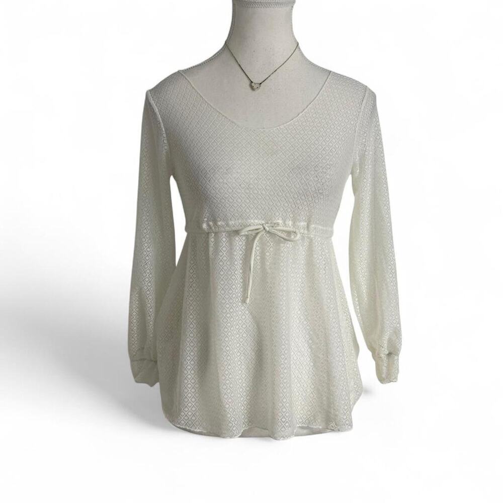 White Baby Doll Long Sleeve Slightly Sheer Top With Waist Tie Size Small
